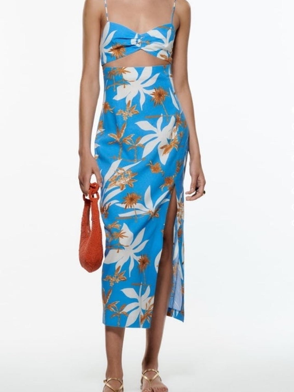 Zara Blue Tropical Cutout Midi Dress with White & Orange Floral Print